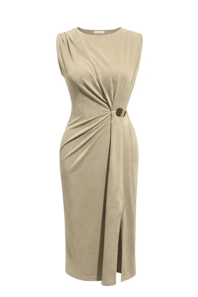 MIXRAY Fitted Midi Dress with Crew Neck