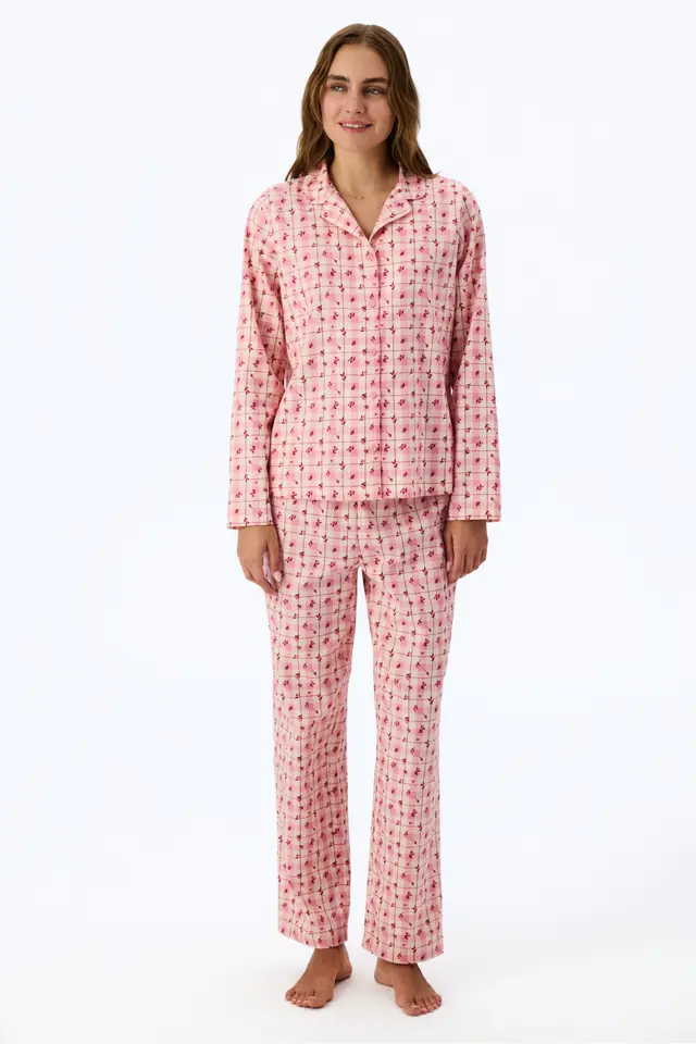 PENTI Floral Garden Checkered Long Sleeve Shirt Pants Pajama Set
