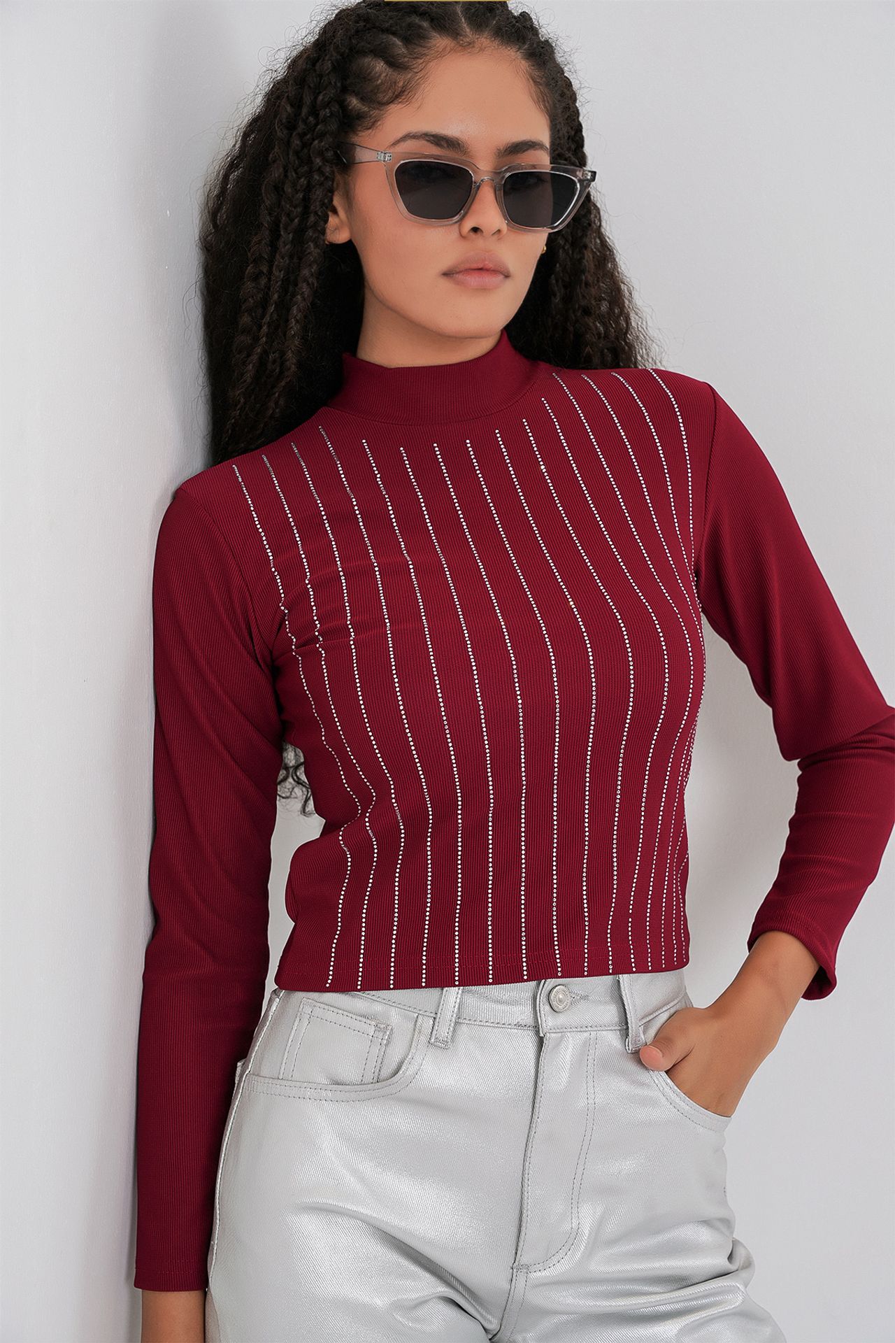 BDART Striped Half Turtleneck Long Sleeve Top with Stone Detail 1