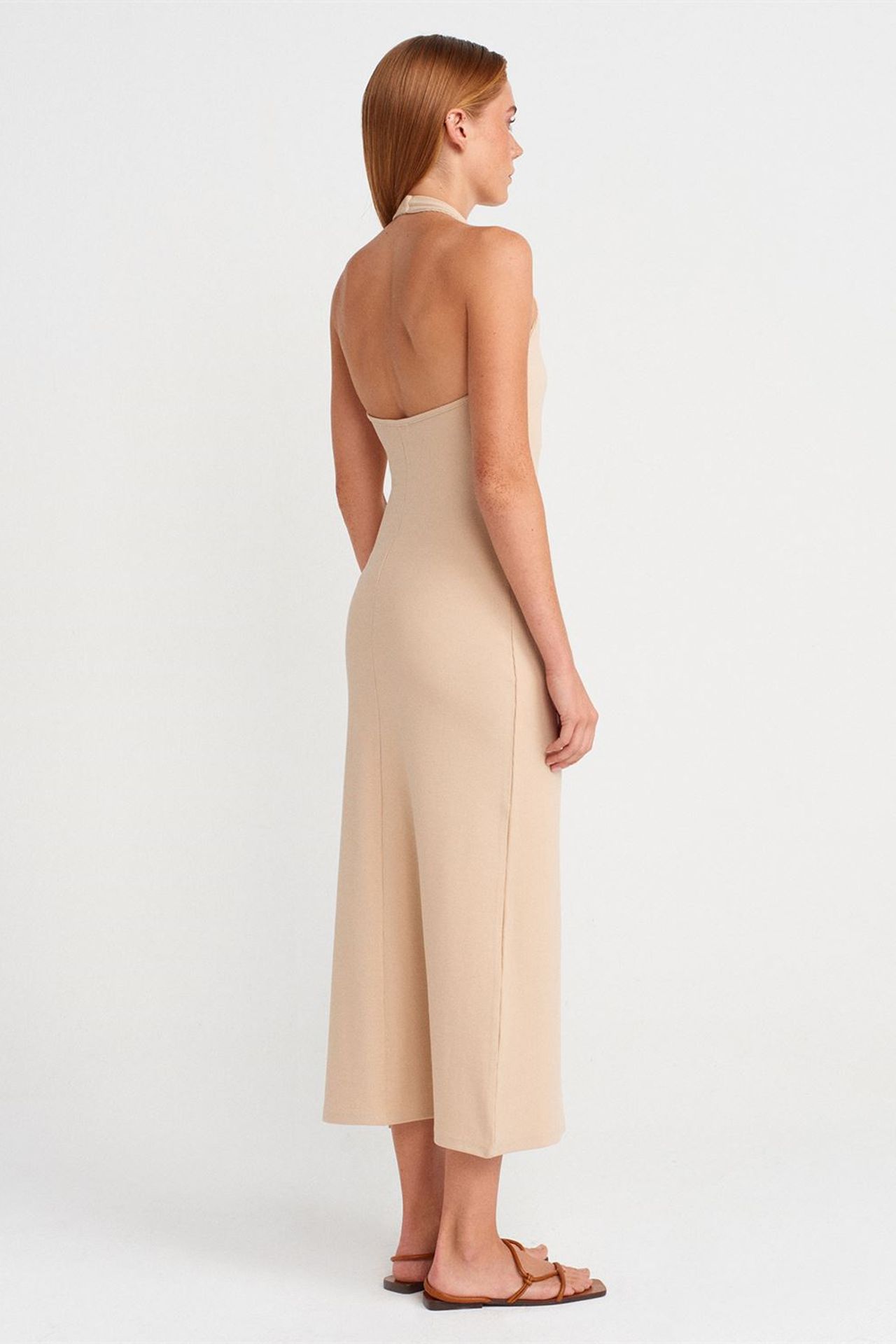 DILVIN Ribbed Halter Midi Dress With Slit