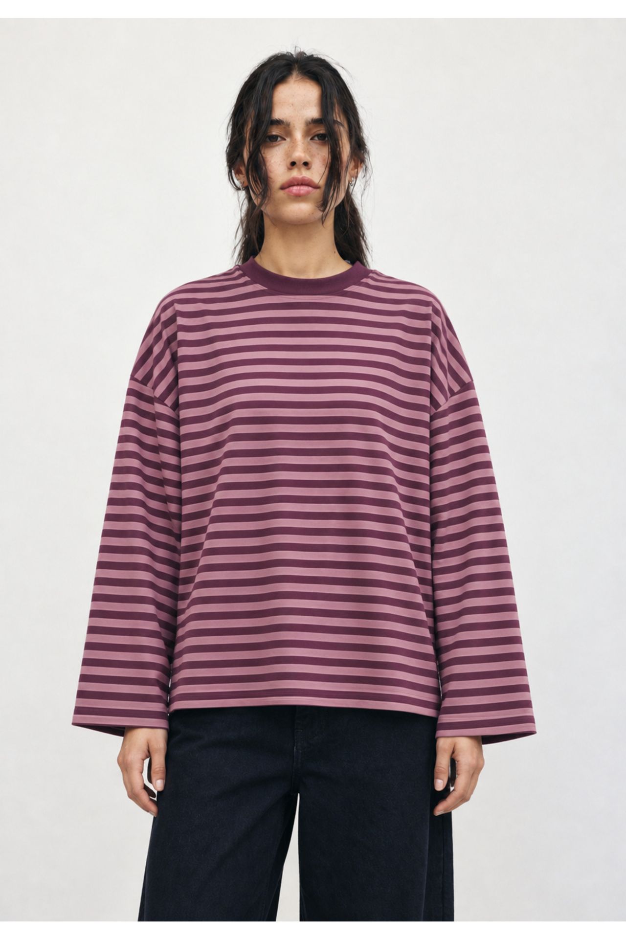 BIPANTOLON Kadın Oversize Çizgili Bisiklet Yaka Sweatshirt 2