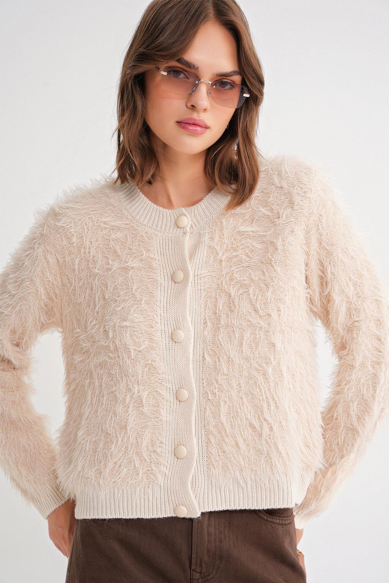 Mixray Buttoned Plush Textured Cardigan 1