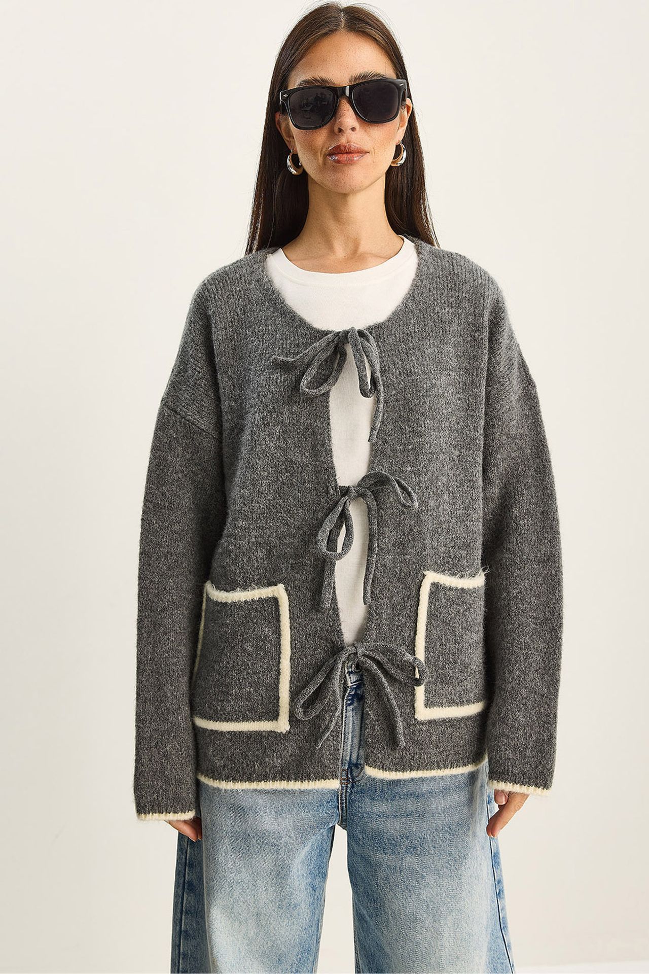 LUCCI Oversized Knit Cardigan with Tie Closure 1