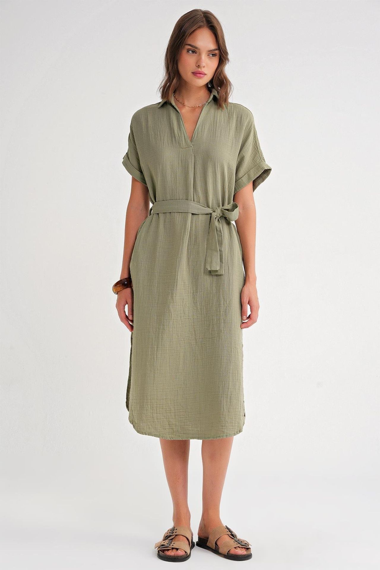 Mixray Belted Short-Sleeve Midi Dress 1