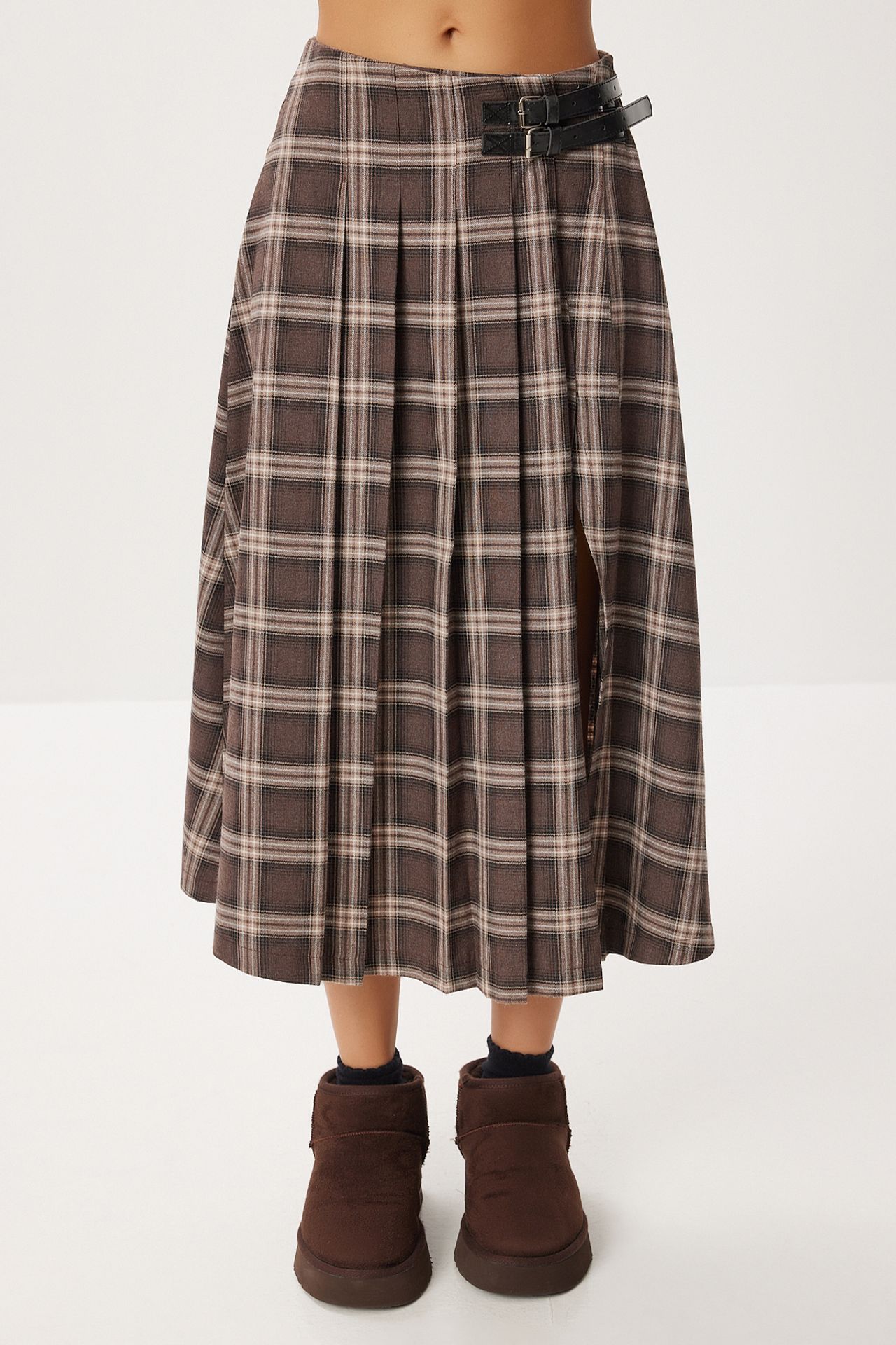 ISTANBUL Belt Detailed High Waist Long Plaid Skirt 5