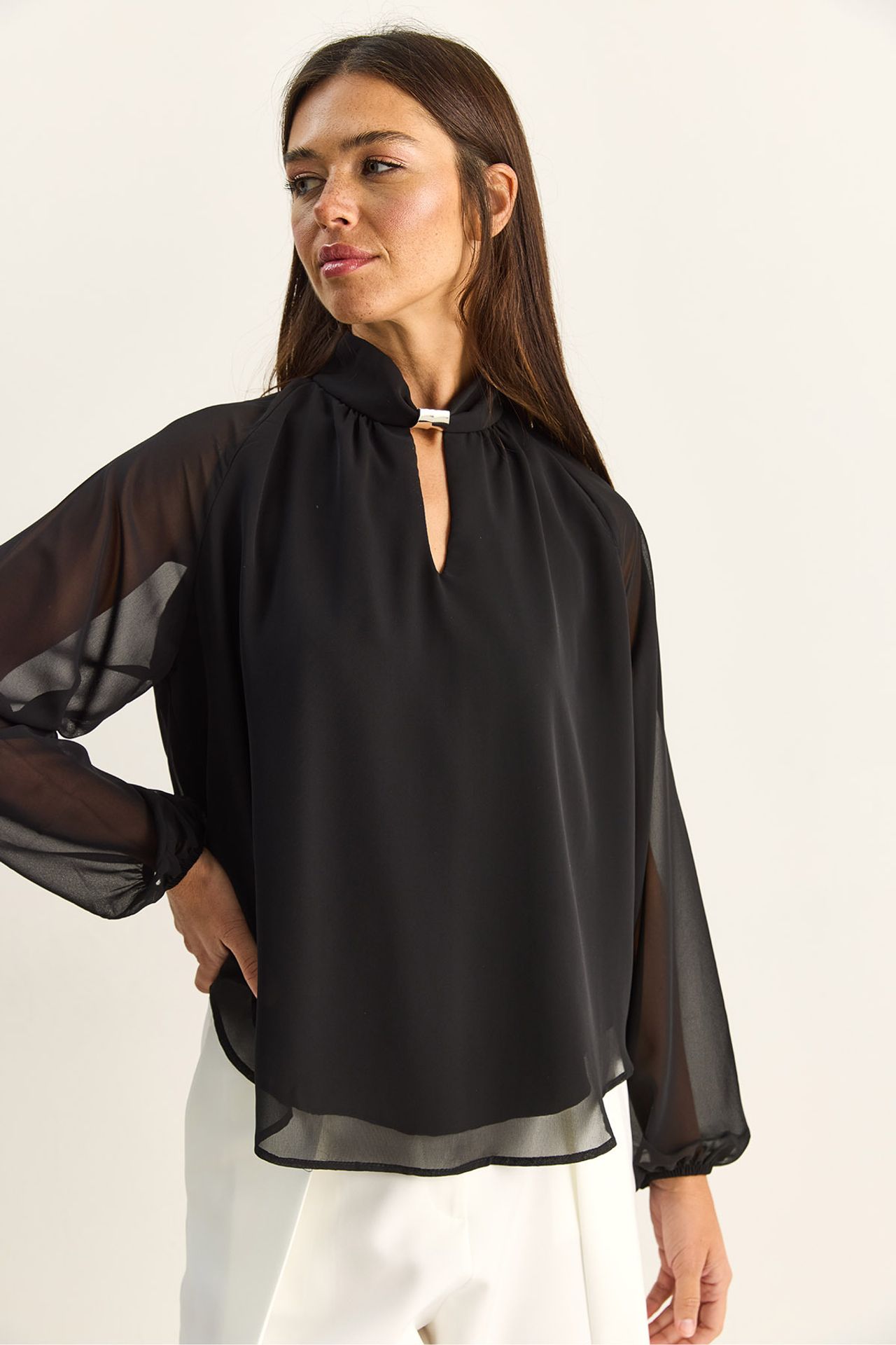 LUCCI Mandarin Collar Chiffon Blouse with Stone Accessory 5
