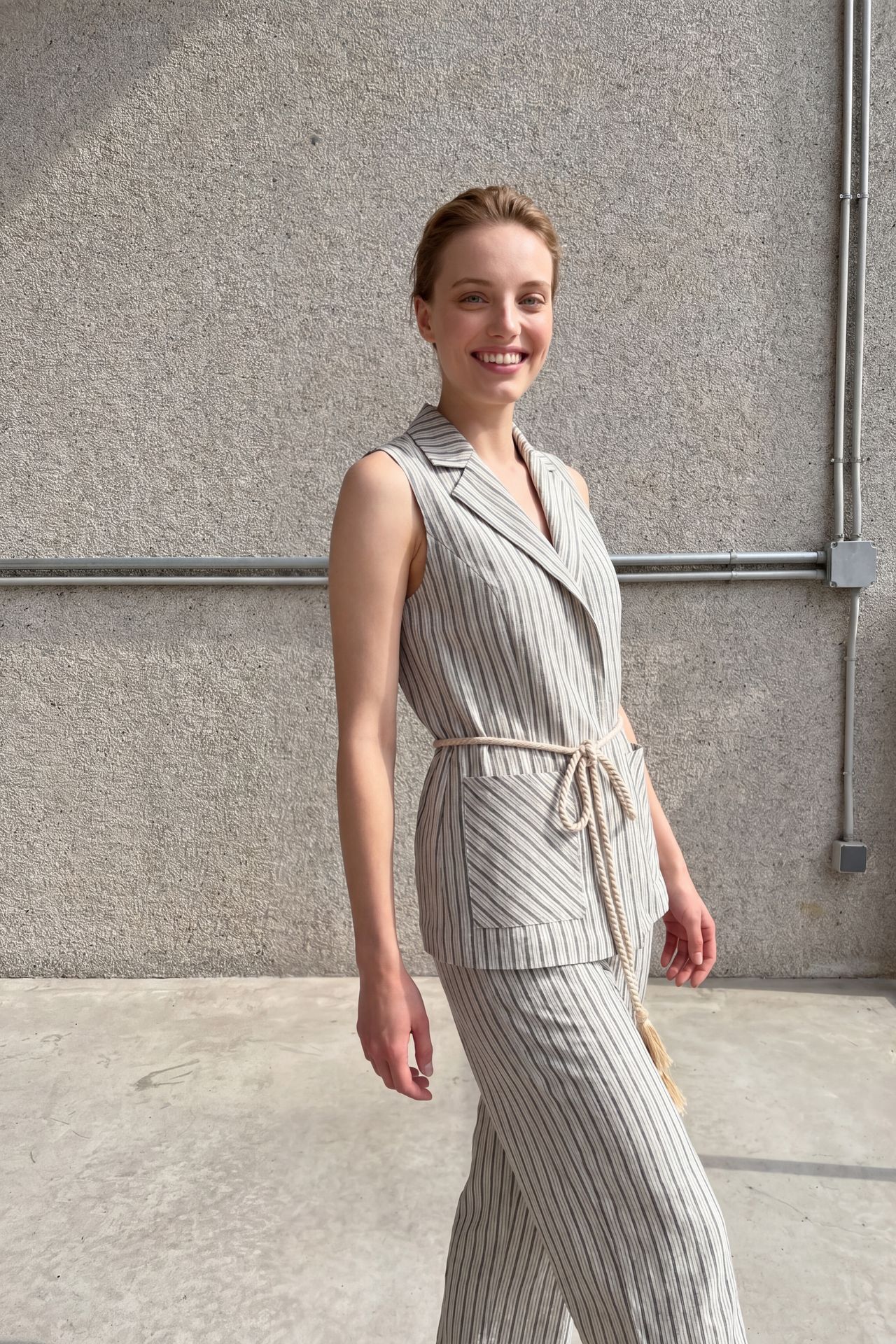 MY FASHION Striped Shawl-Collar Vest and Wide-Leg Trousers Set 3