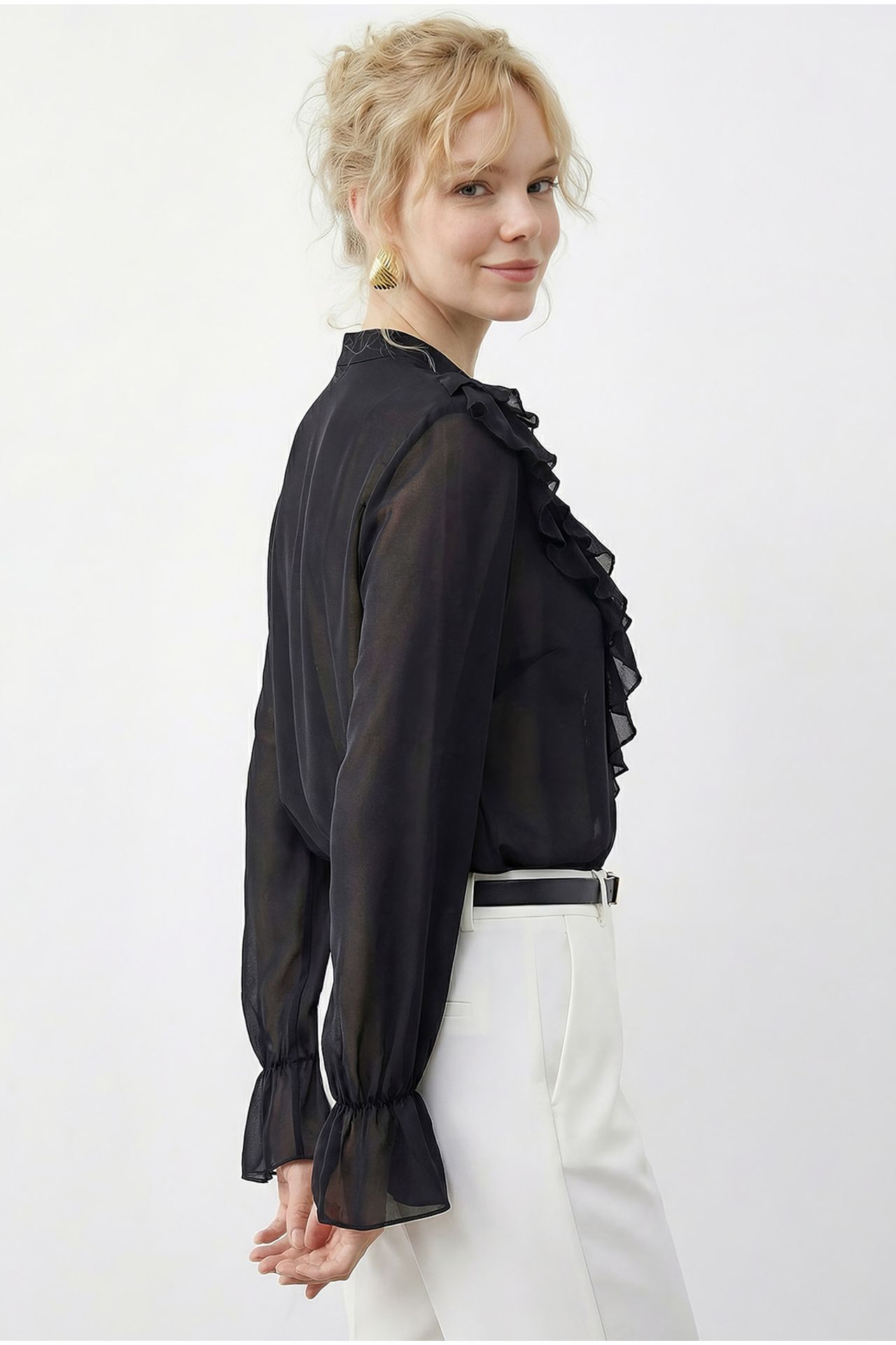 LUCCI Frilly Mandarin Collar Long Sleeve Chiffon Shirt 4
