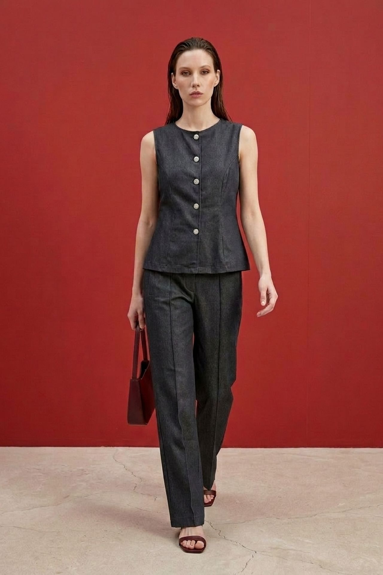 MY FASHION Cotton Poplin Vest and Wide-Leg Trouser Set 3