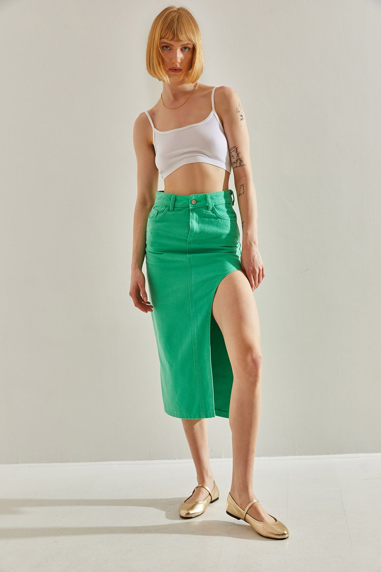 LUCCI High Waist Slit Midi Denim Skirt