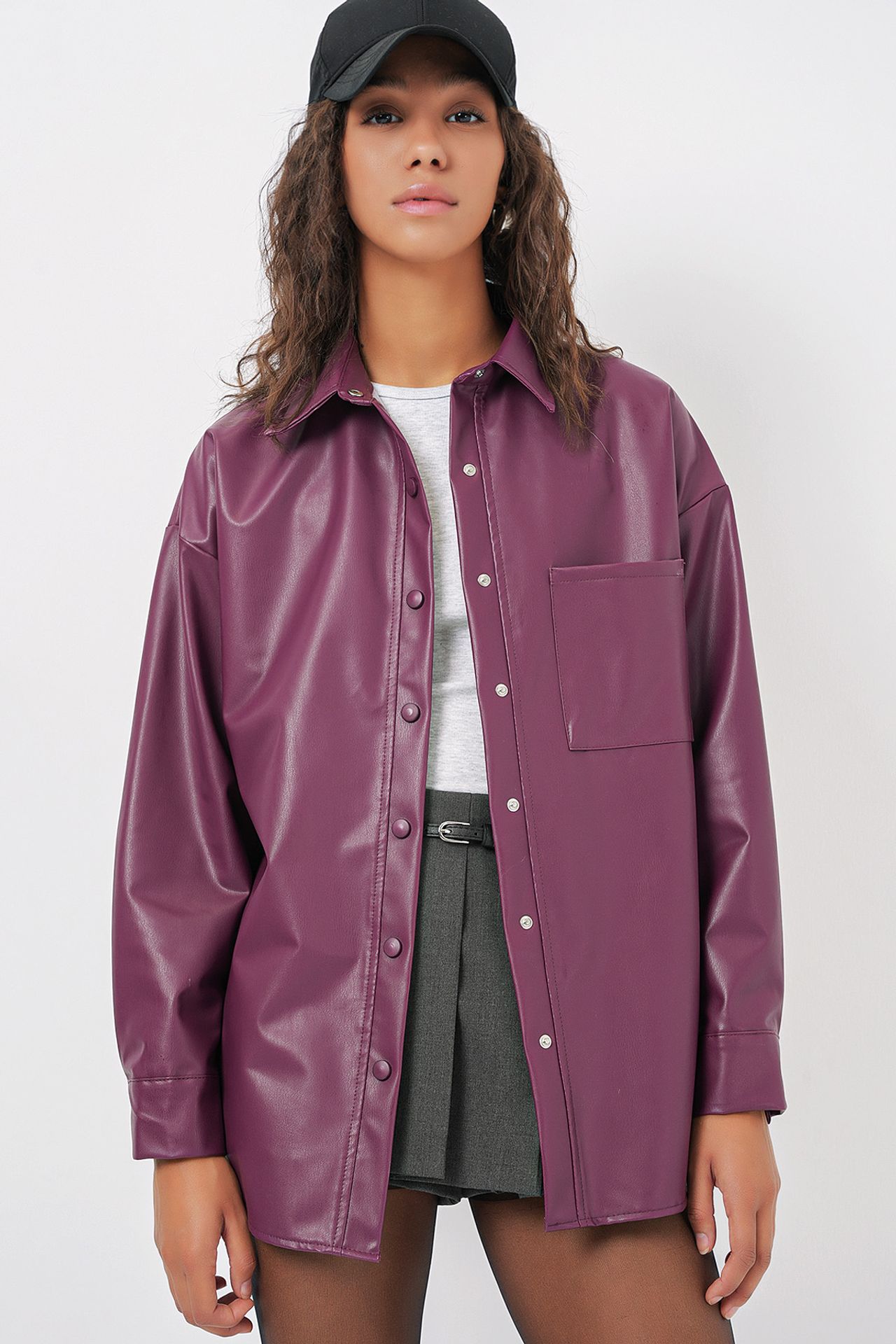 BDART Oversized Faux Leather Long Sleeve Button-Up Shirt with Pocket 4