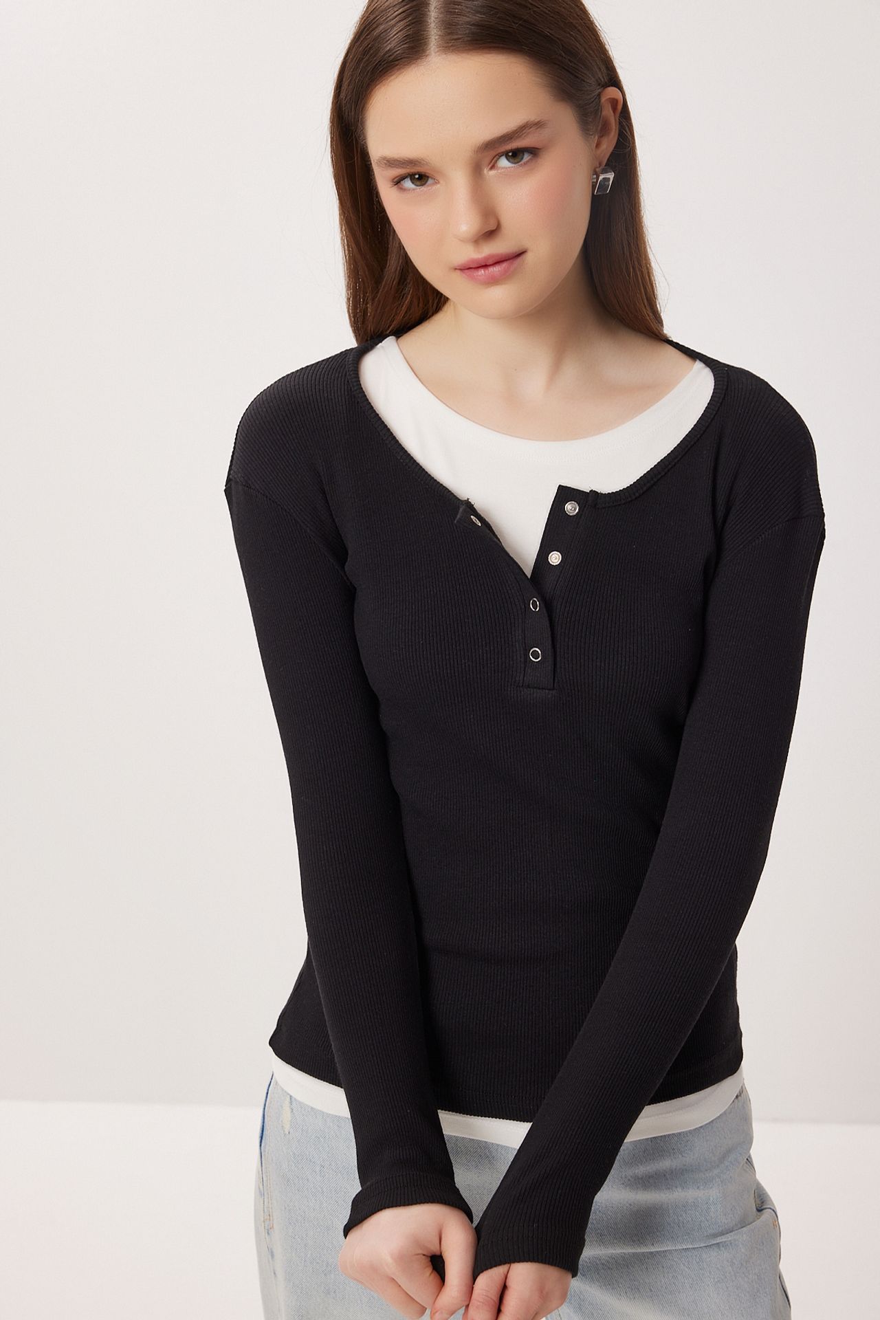 ISTANBUL Slim Fit Ribbed Button-Up Long Sleeve Blouse 1