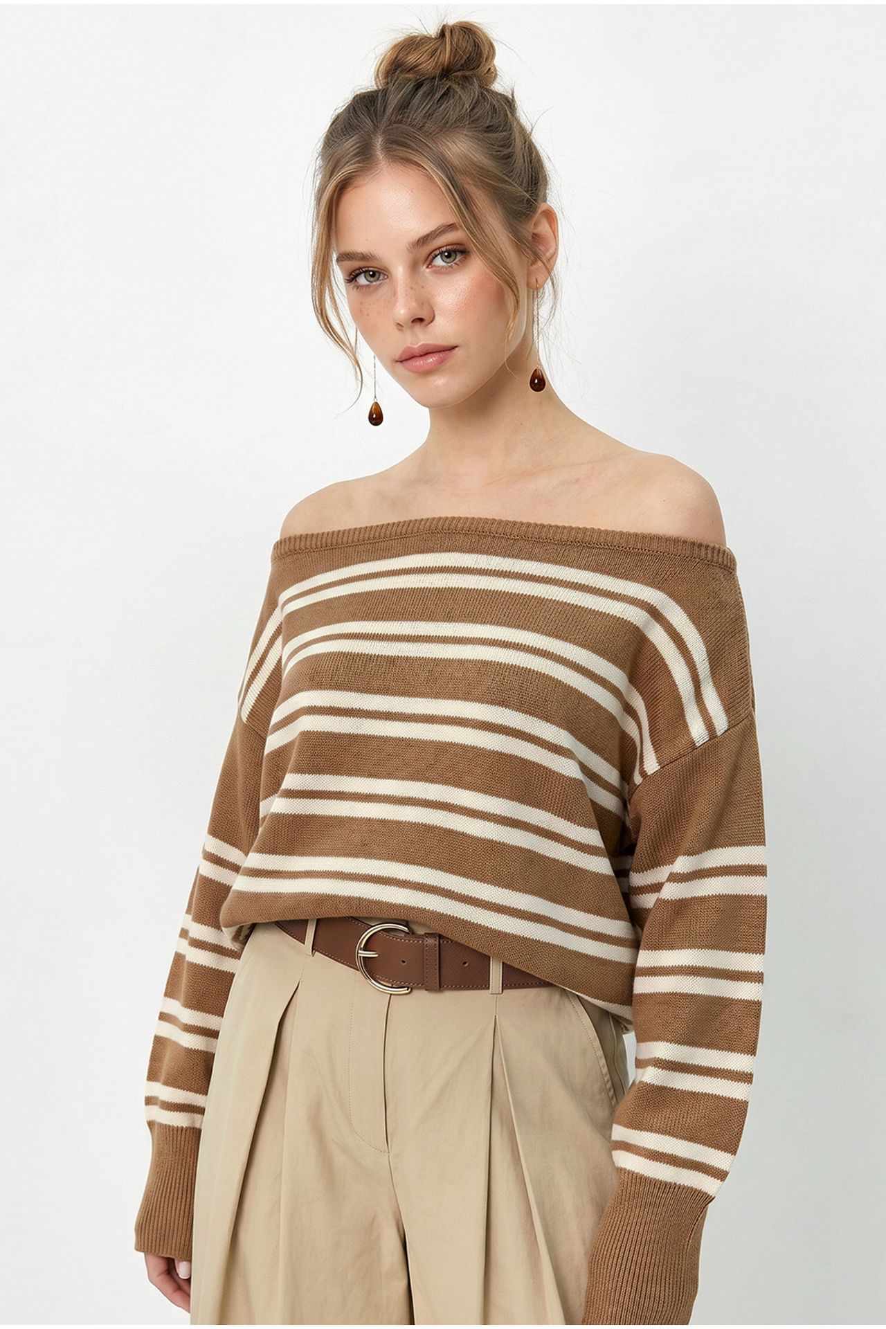 LUCCI Off Shoulder Striped Ribbed Sweater 3