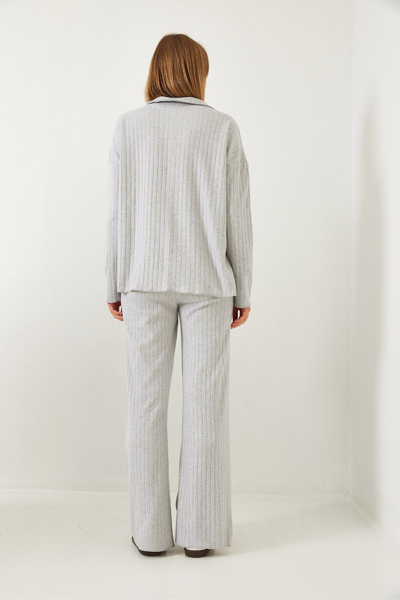 LUCCI Polo Collar Long Sleeve Two-Piece Coord Set with Wide Leg Pants