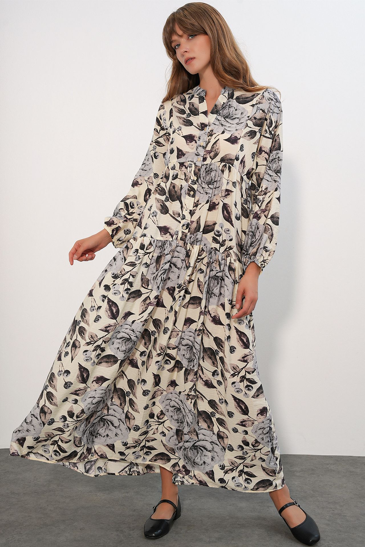 BDART Floral Maxi Dress With Mandarin Collar