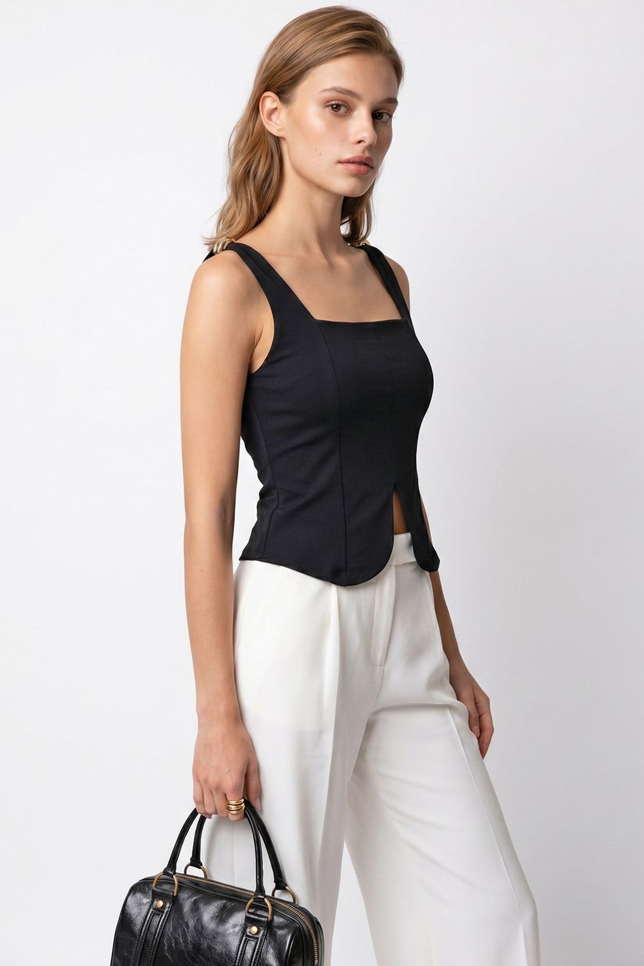 MIXRAY Fitted Crop Sleeveless Knit Top With Square Neck 4