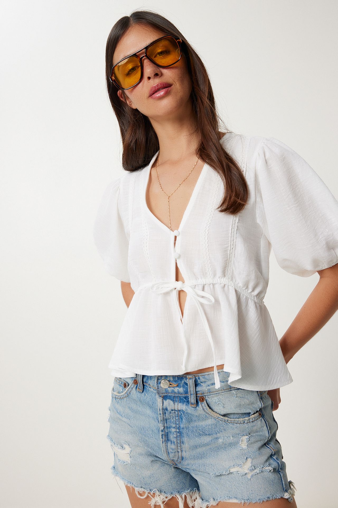 ISTANBUL V-Neck Short Sleeve Lace Blouse with Drawstring 1