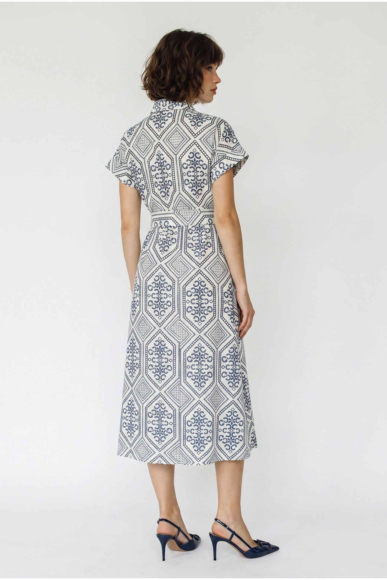 LUCCI Belted Geometric Cotton Midi Shirt Dress 5