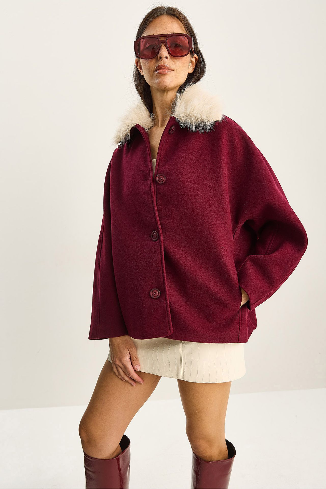 LUCCI Oversized Plush Coat with Fur Collar 3