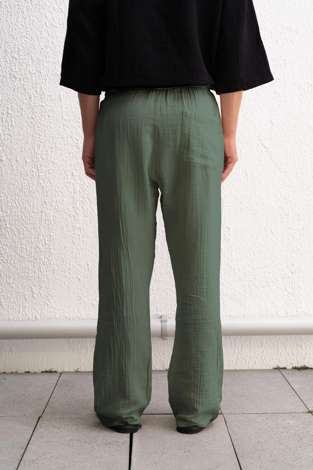 GIESTO Textured Cotton Drawstring Waist Straight Leg Pants 3