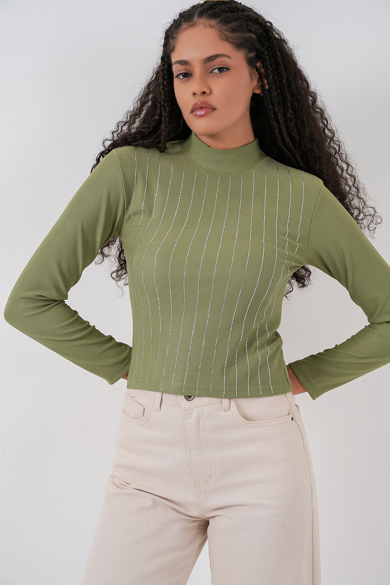 BDART Striped Half Turtleneck Long Sleeve Top with Stone Detail 3