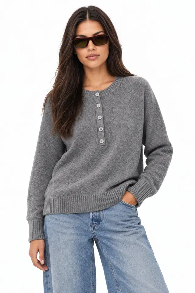 MIXRAY Women's Crew Neck Button Sweater