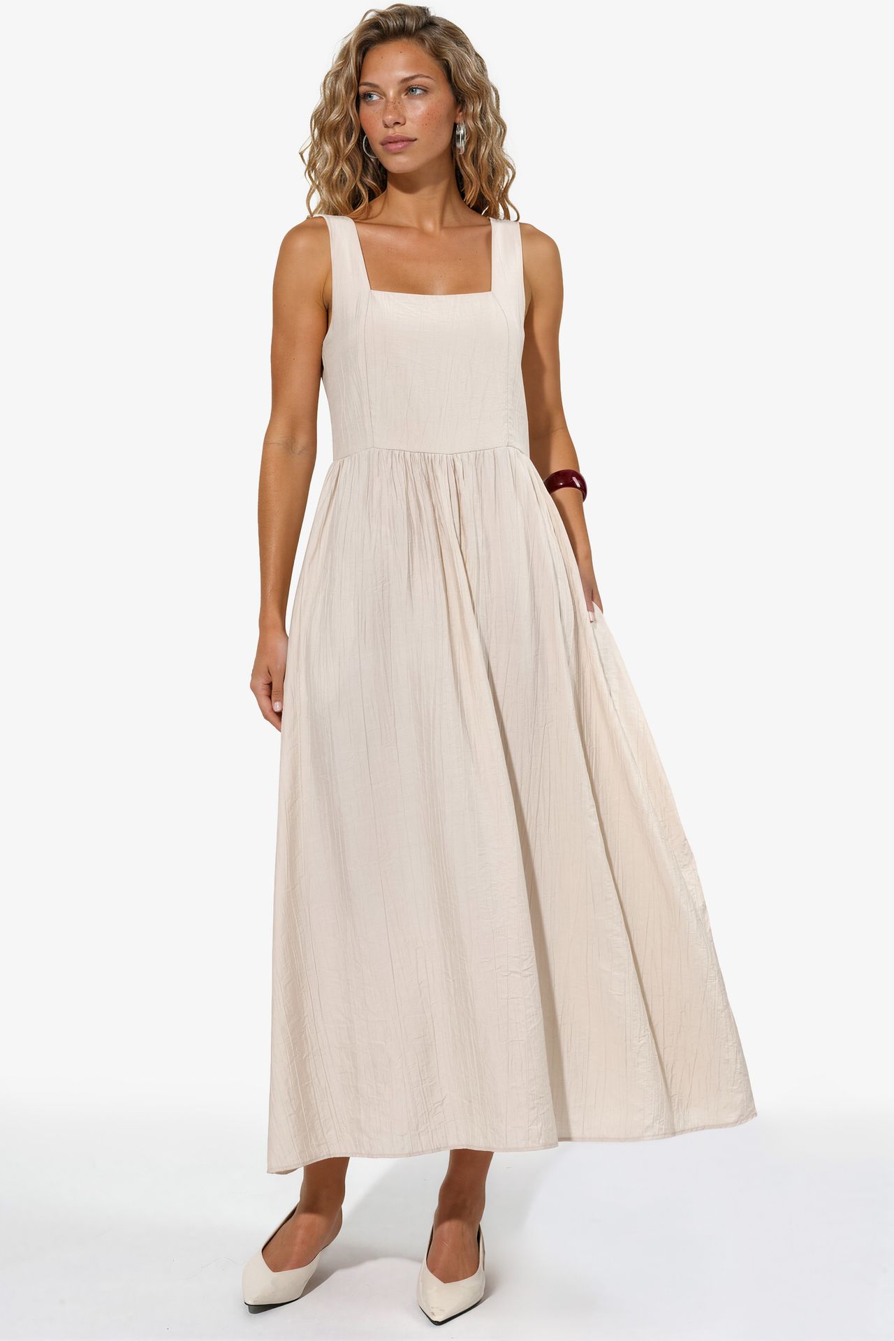 BUSEM Solid Midi Dress with Square Collar 1