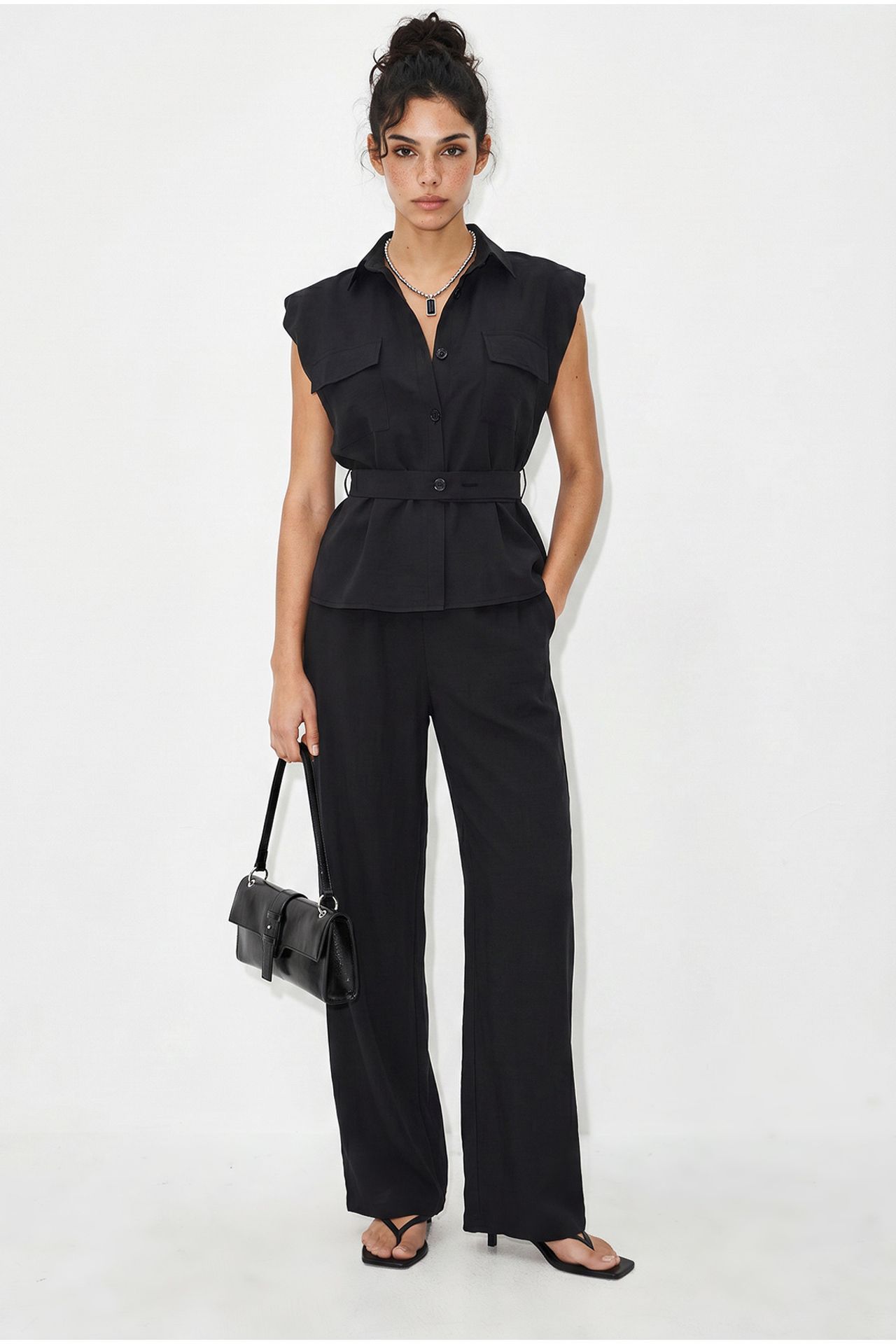 LUCCI Belted Sleeveless Blouse And Wide-Leg Trousers Set 2