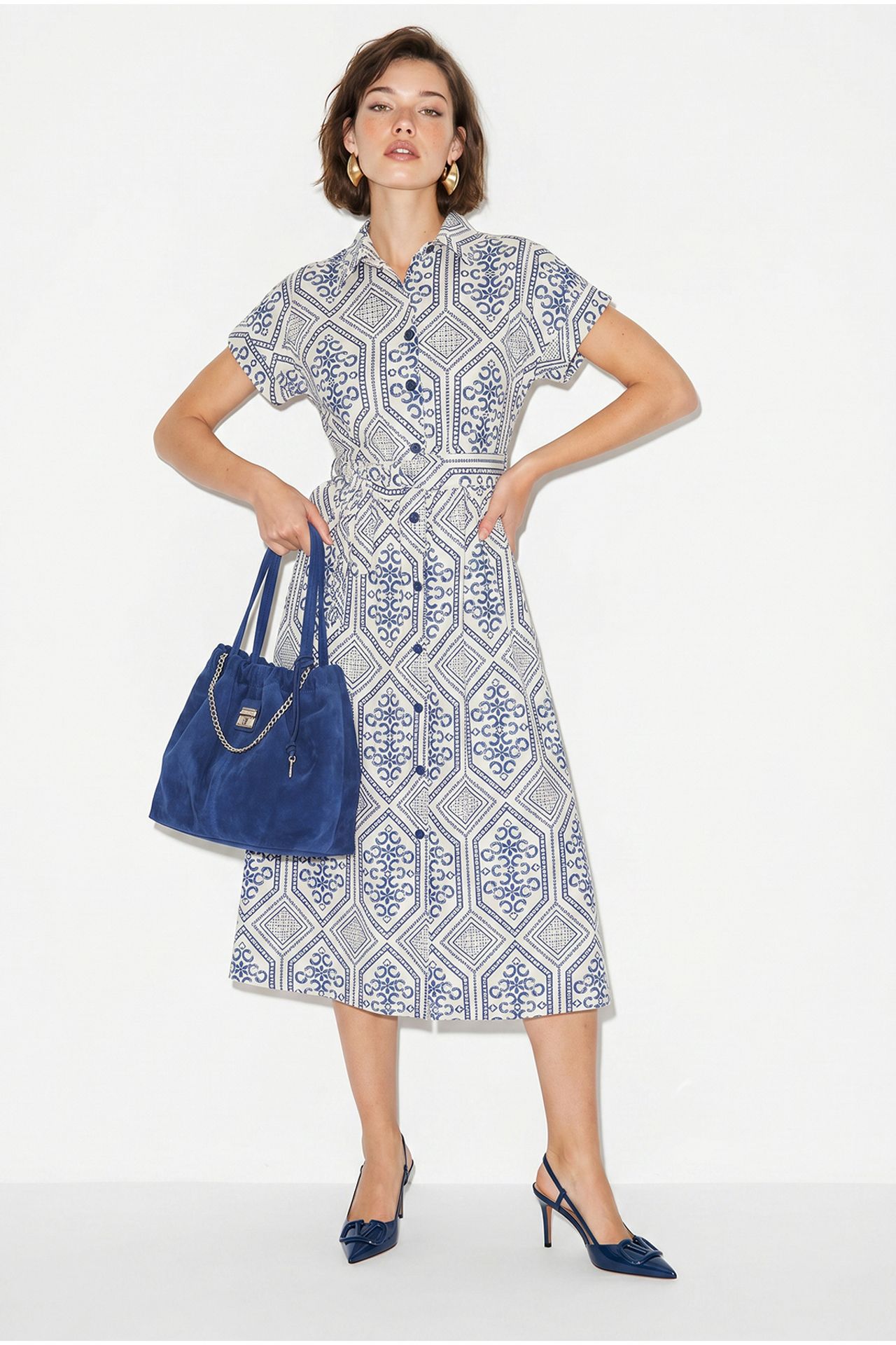 LUCCI Belted Geometric Cotton Midi Shirt Dress 4