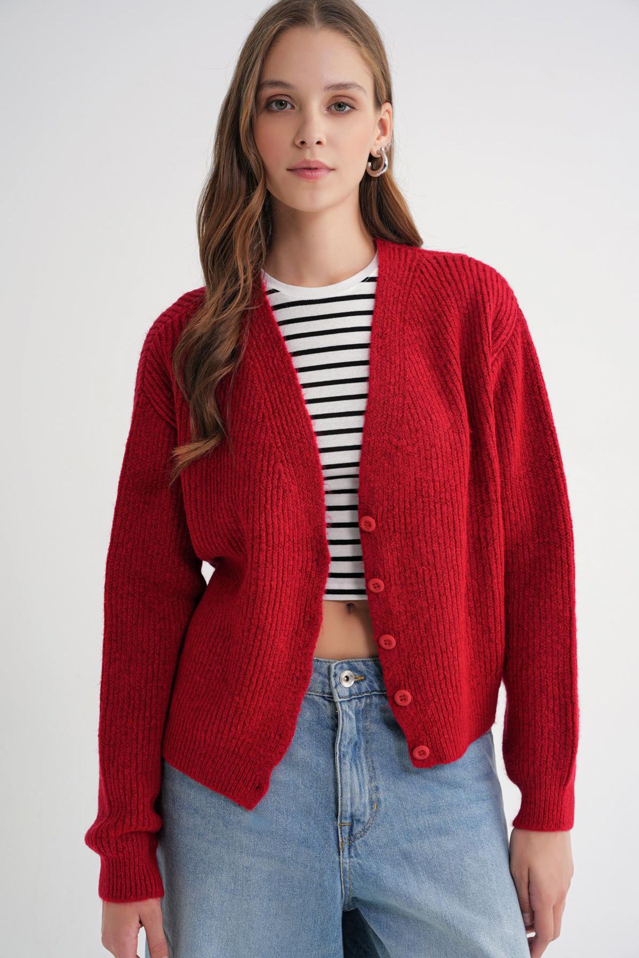 Mixray Textured V-Neck Button Cardigan