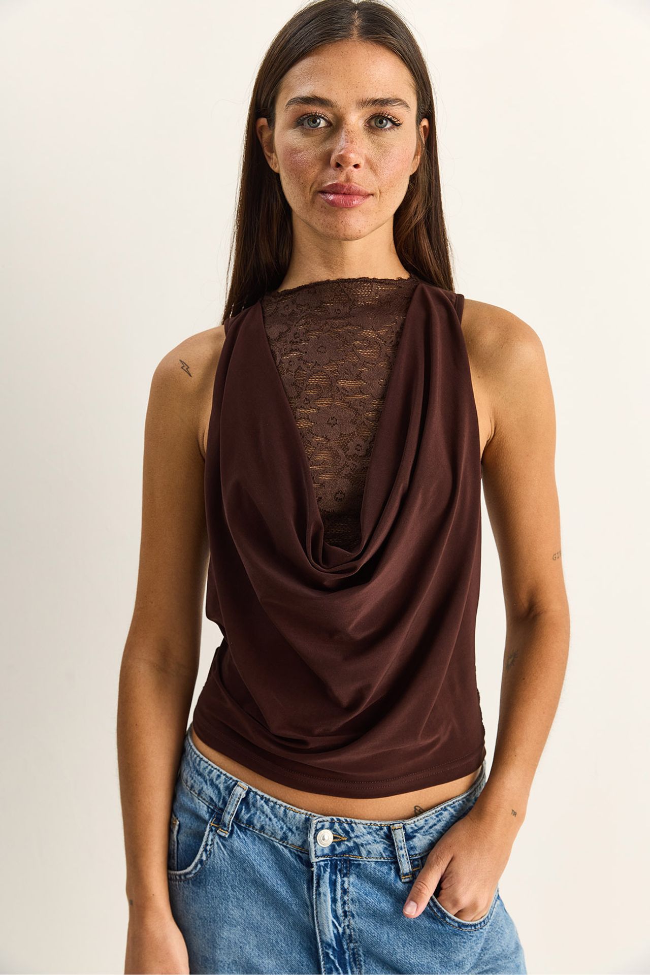 LUCCI Lace Cowl Neck Sleeveless Blouse 2
