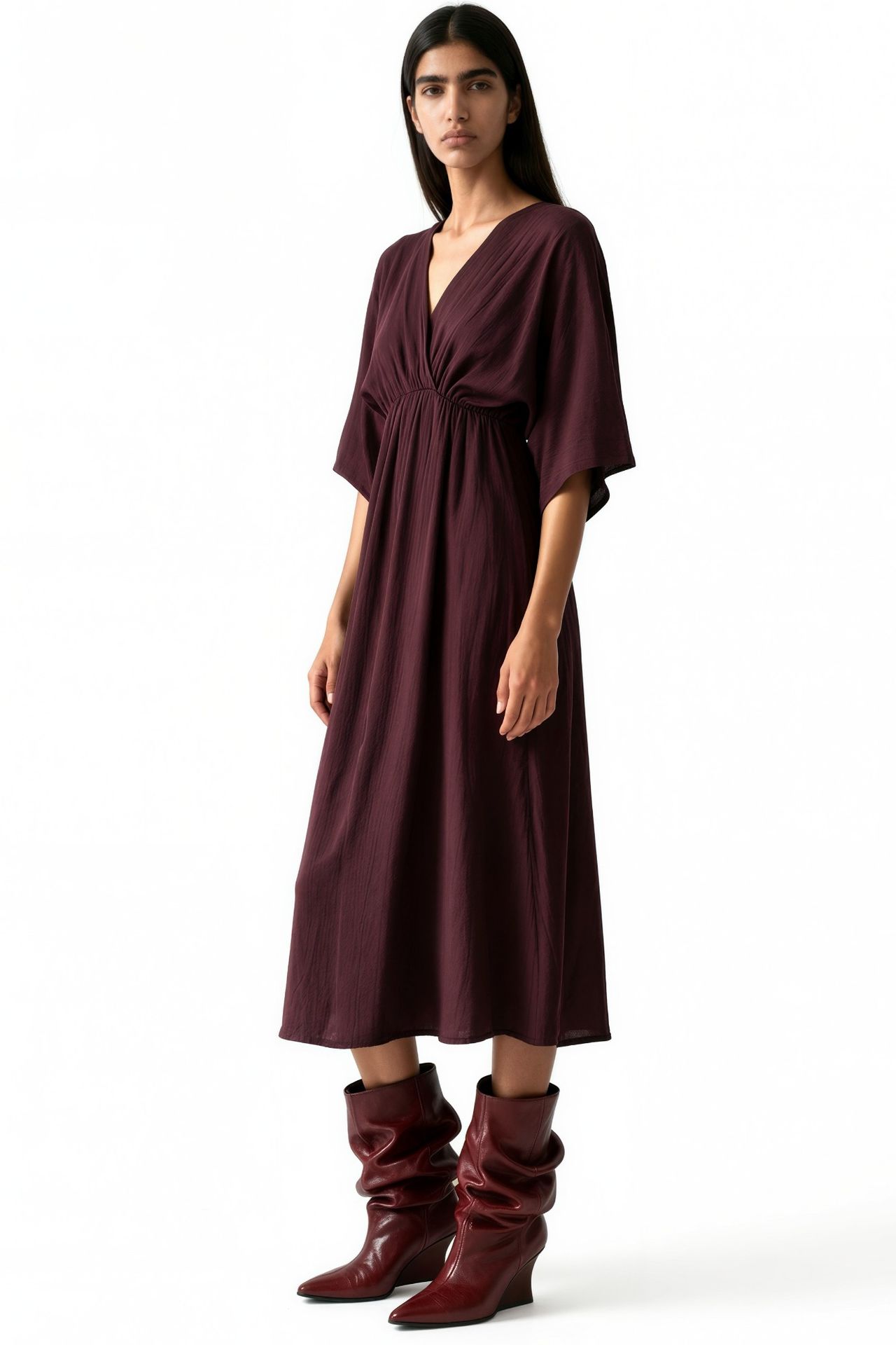 BUSEM V-Neck Midi Wrap Dress with Three Quarter Sleeves 2