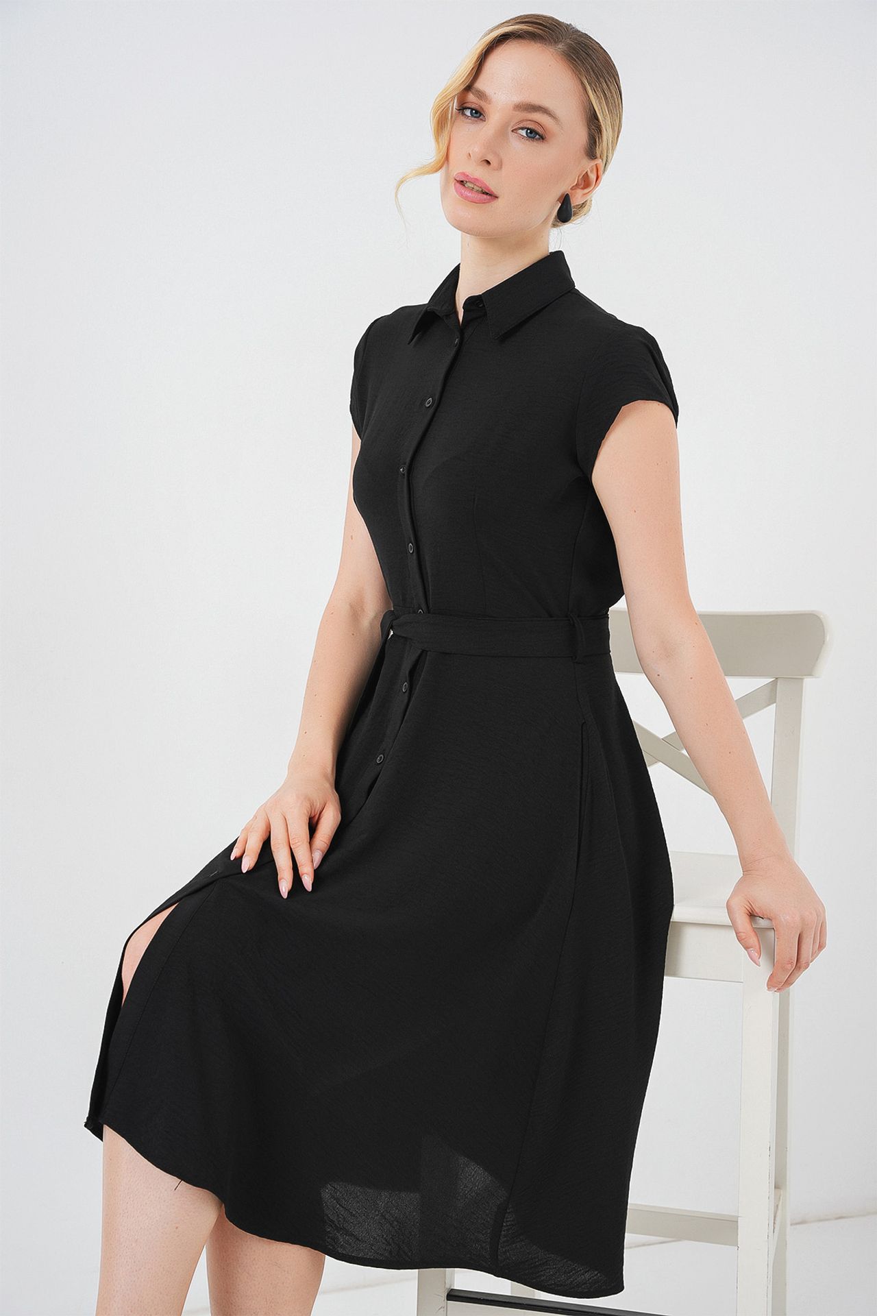 BDART Buttoned Shirt Collar A-Form Midi Dress with Binding Detail 1