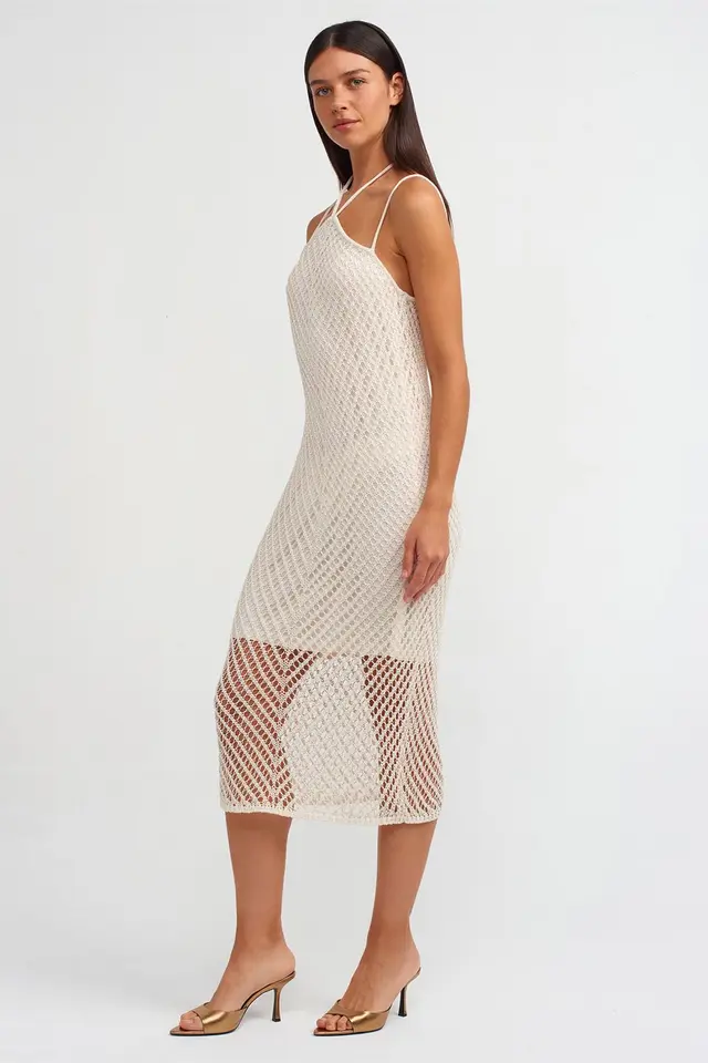 DILVIN Textured Halter Midi Dress With Cut-Out