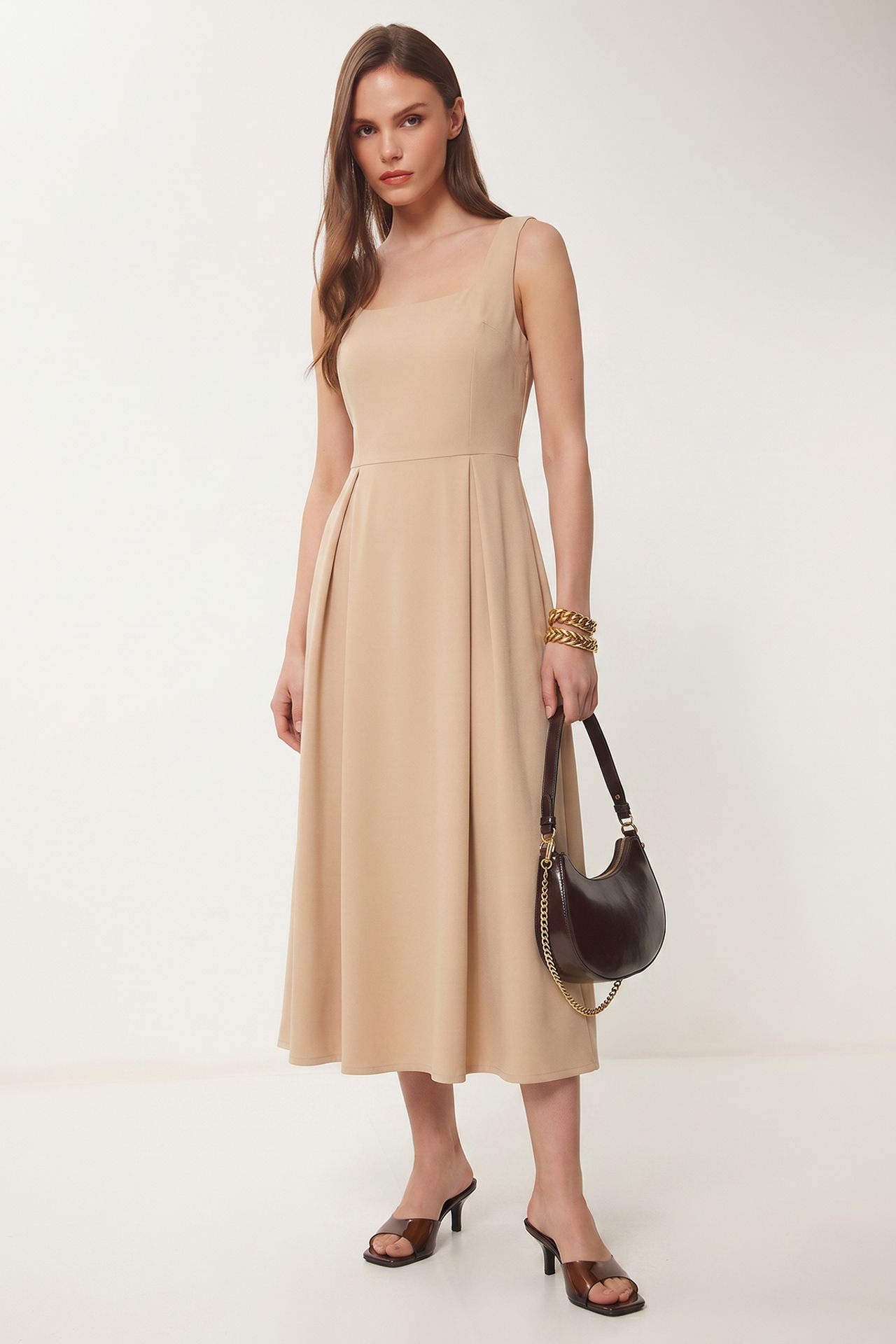 ISTANBUL Square Collar A-Form Midi Dress with Zipper Closure 3