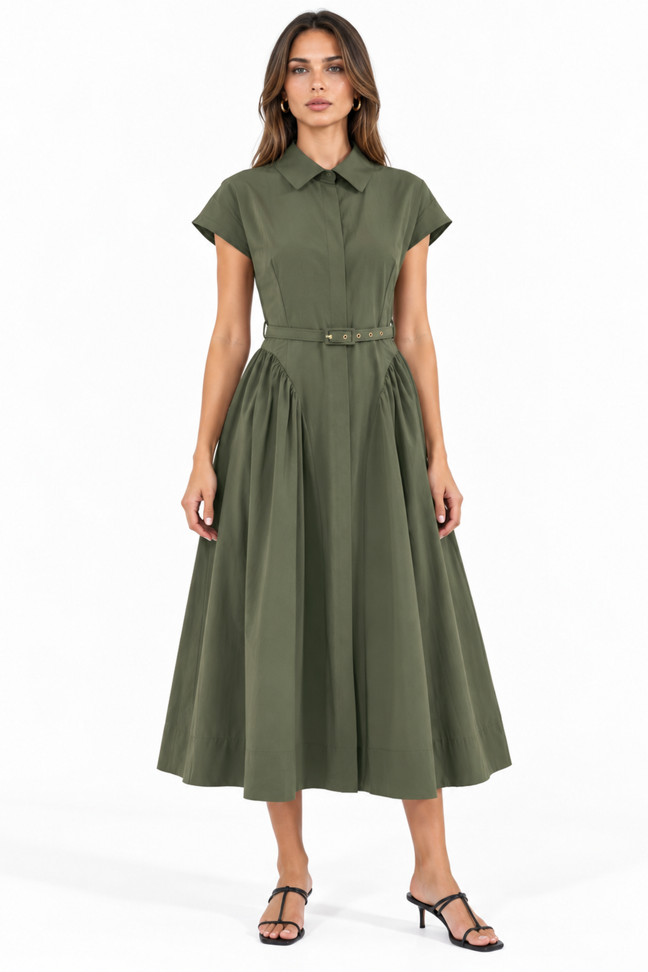 BUSEM Belted Midi Dress with Shirt Collar 1