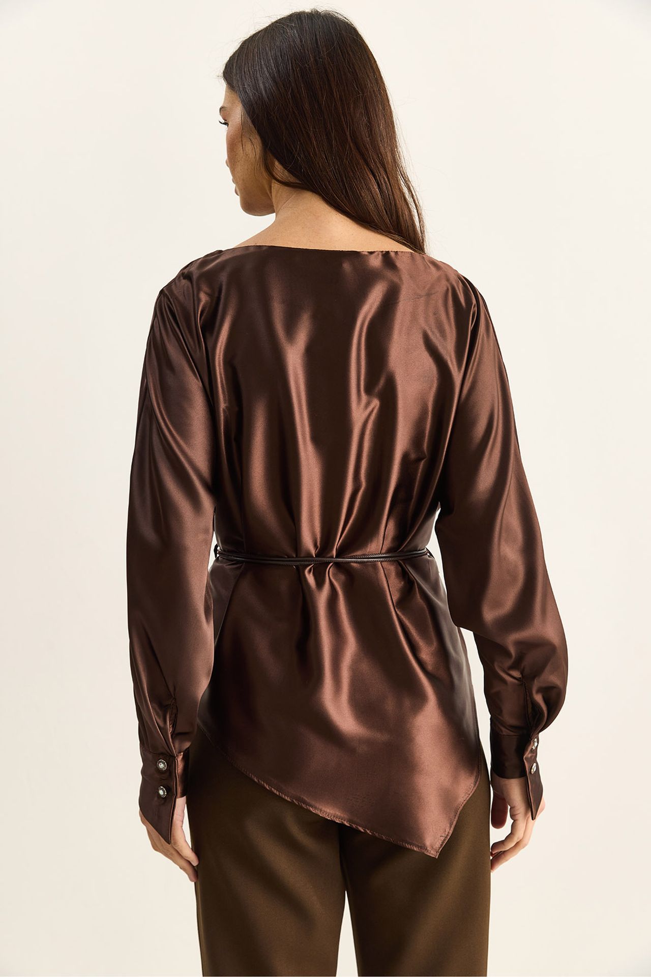 LUCCI Belted Satin Boat Neck Blouse 6