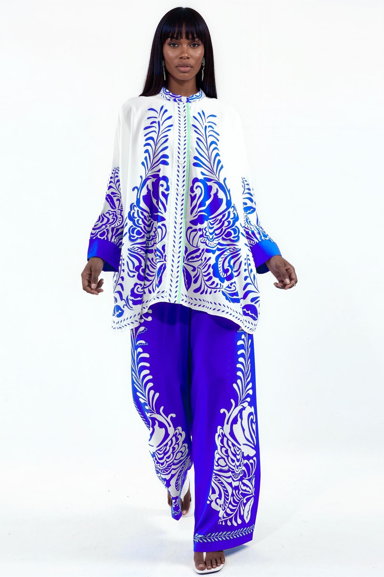 MSN Patterned V-Neck Blouse And Wide-Leg Trousers Set