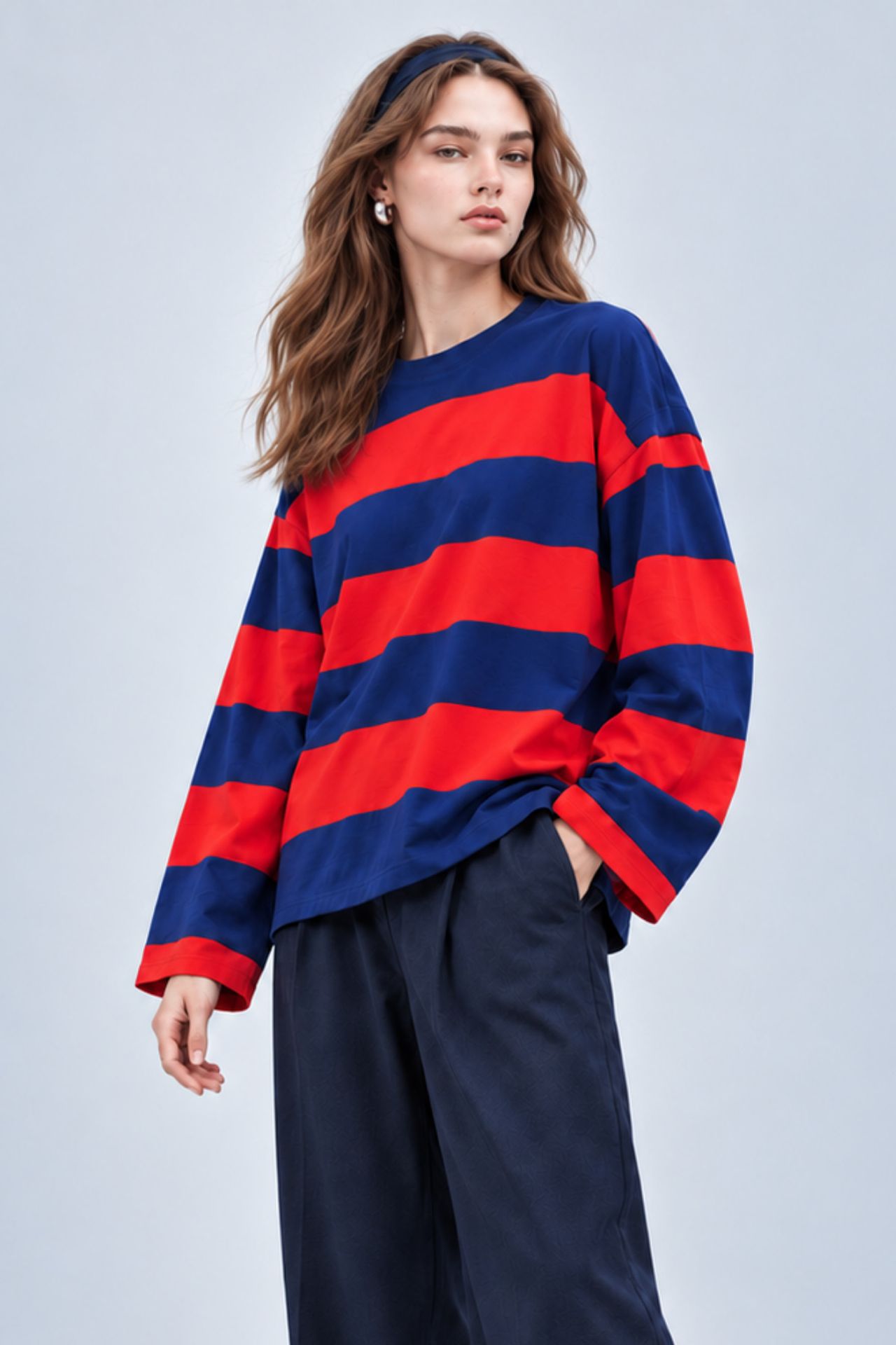 BIPANTOLON Kadın Oversize Çizgili Bisiklet Yaka Sweatshirt 2