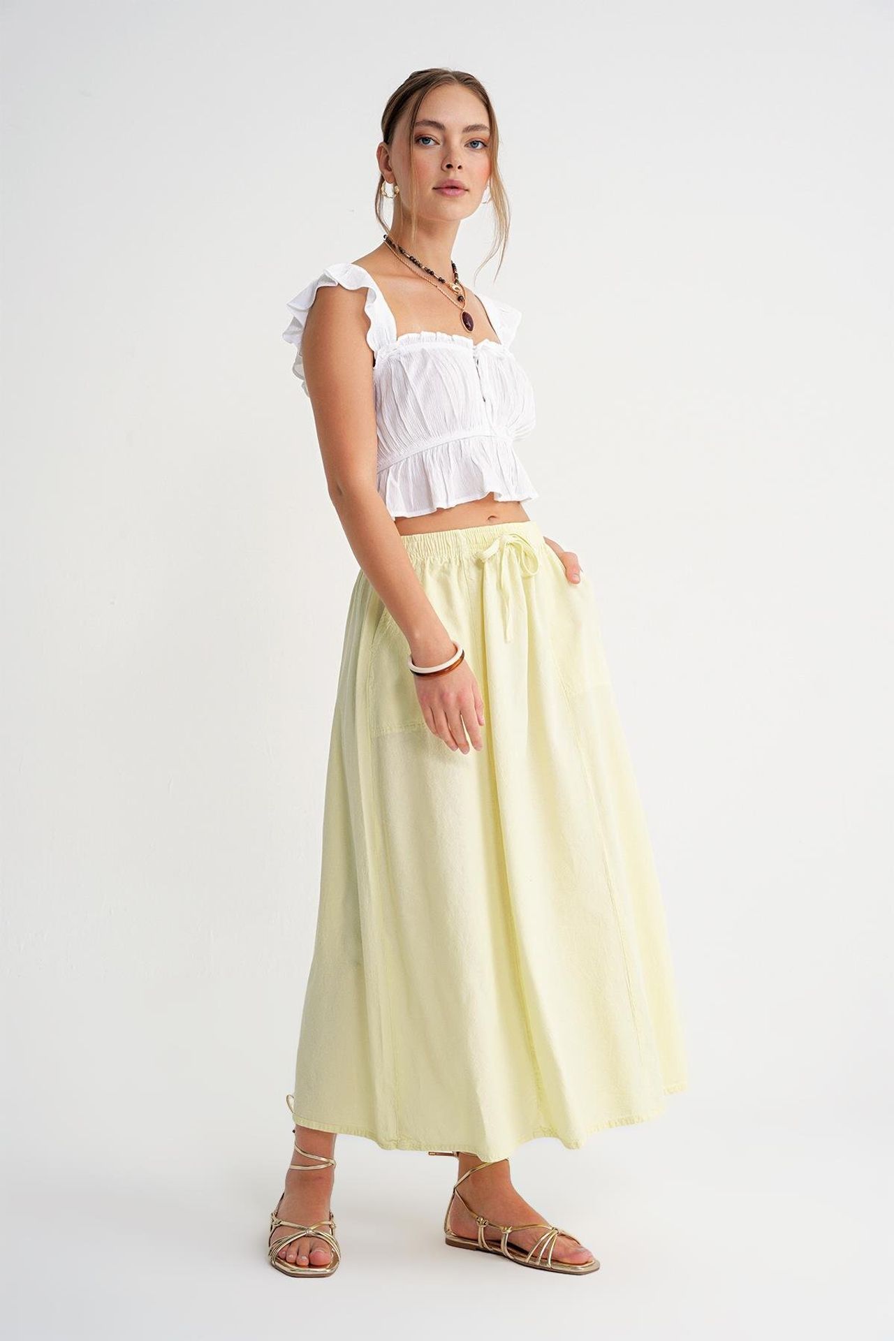 Mixray High-Waisted Poplin Skirt with Drawstring Detail 3