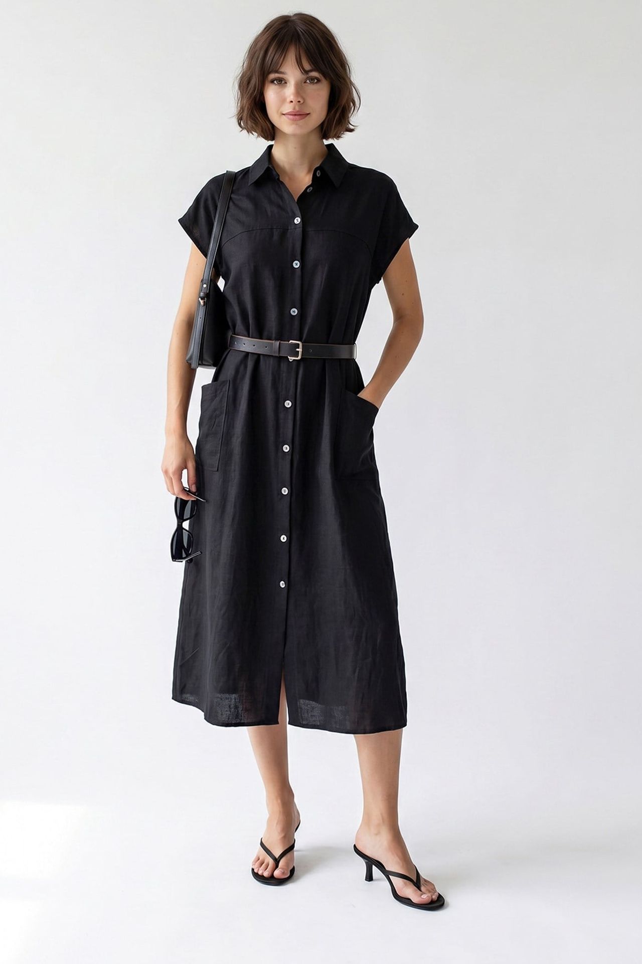 MIXRAY Belted Midi Shirt Dress 1