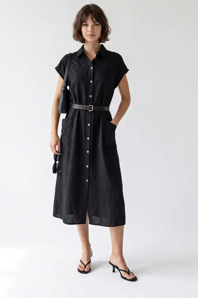 MIXRAY Belted Midi Shirt Dress