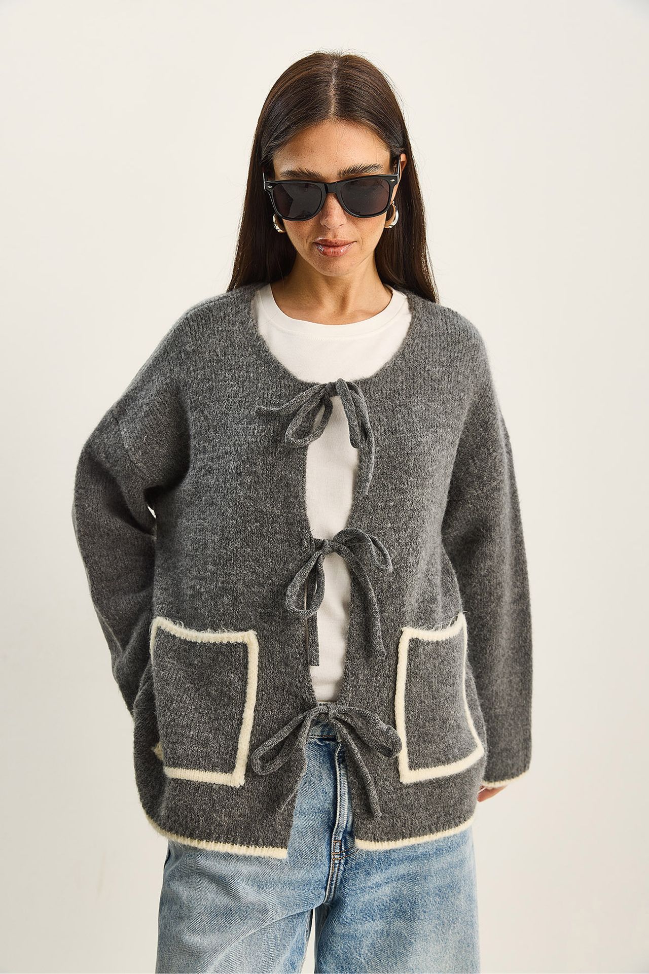 LUCCI Oversized Knit Cardigan with Tie Closure 2