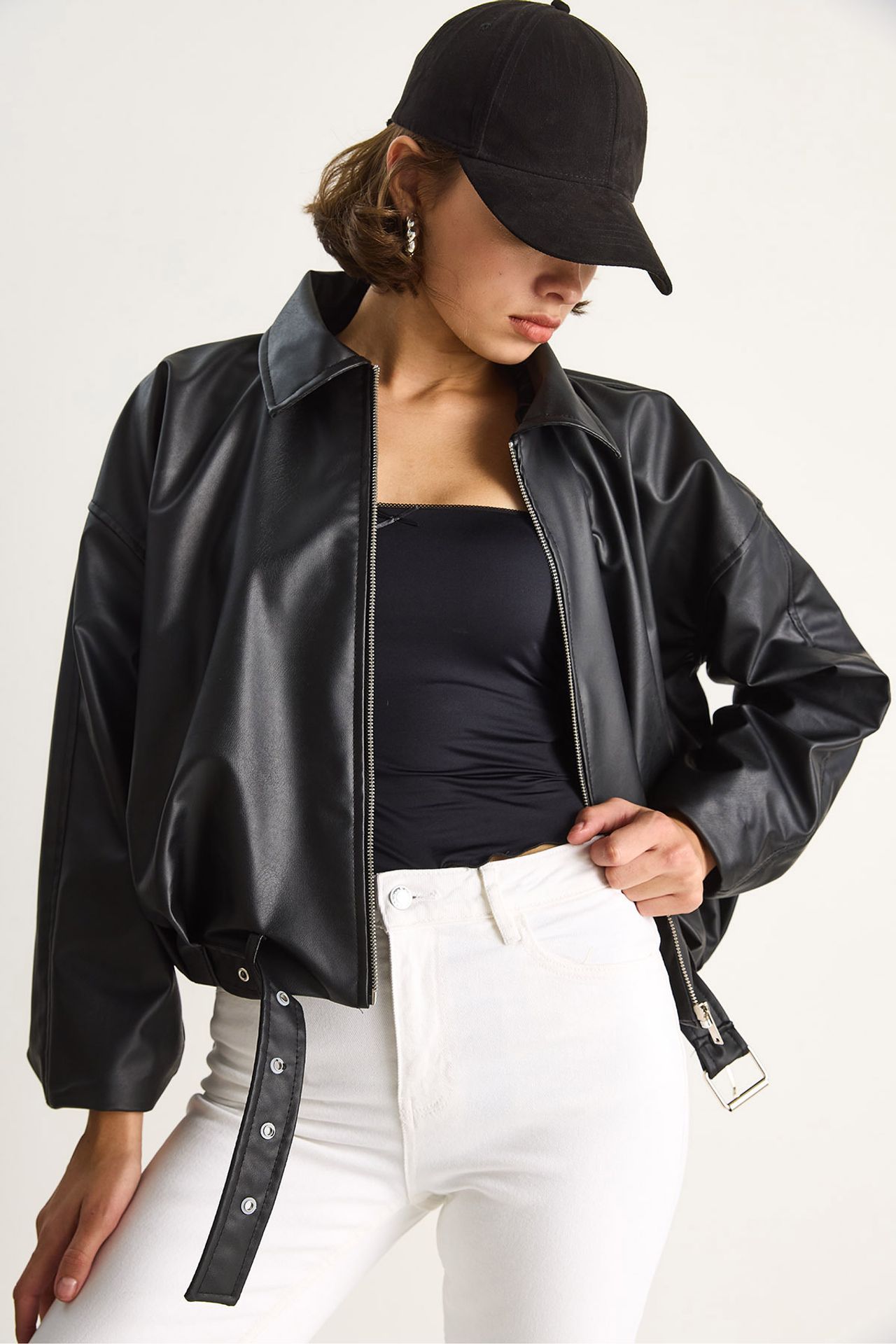 LUCCI Faux Leather Bomber Jacket with Zipper Closure 3