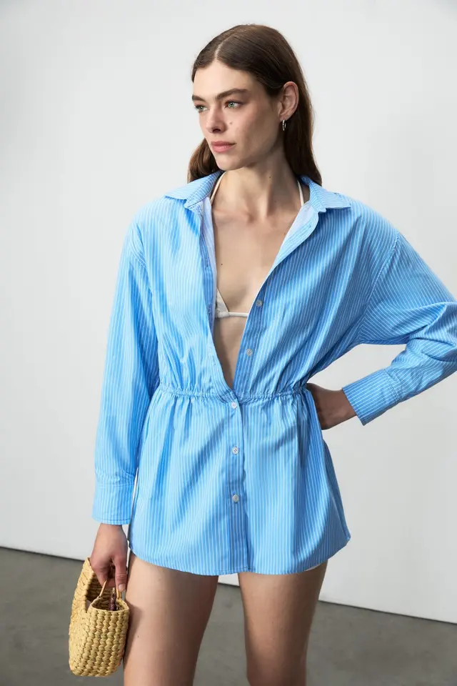 GRIMELANGE Striped Shirt Collar Mini Shirt Dress