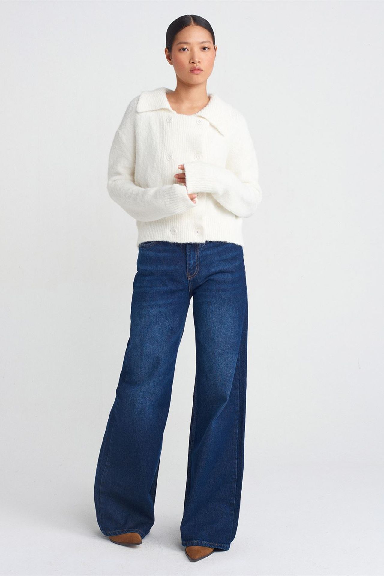 DILVIN Ribbed Polo-collar Button Cardigan 3