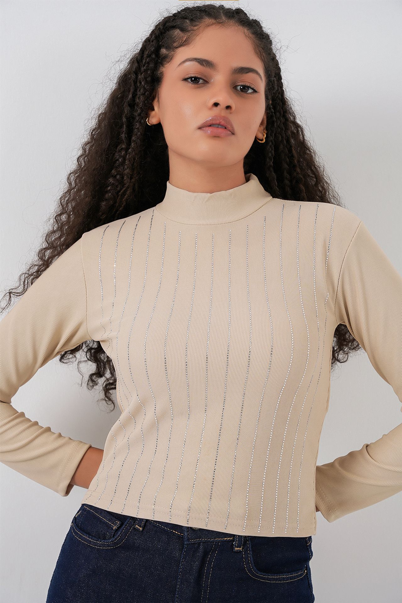 BDART Striped Half Turtleneck Long Sleeve Top with Stone Detail 1