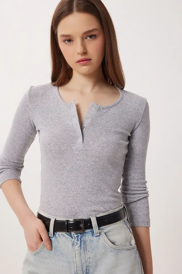 ISTANBUL Slim Fit U Collar Long Sleeved Blouse