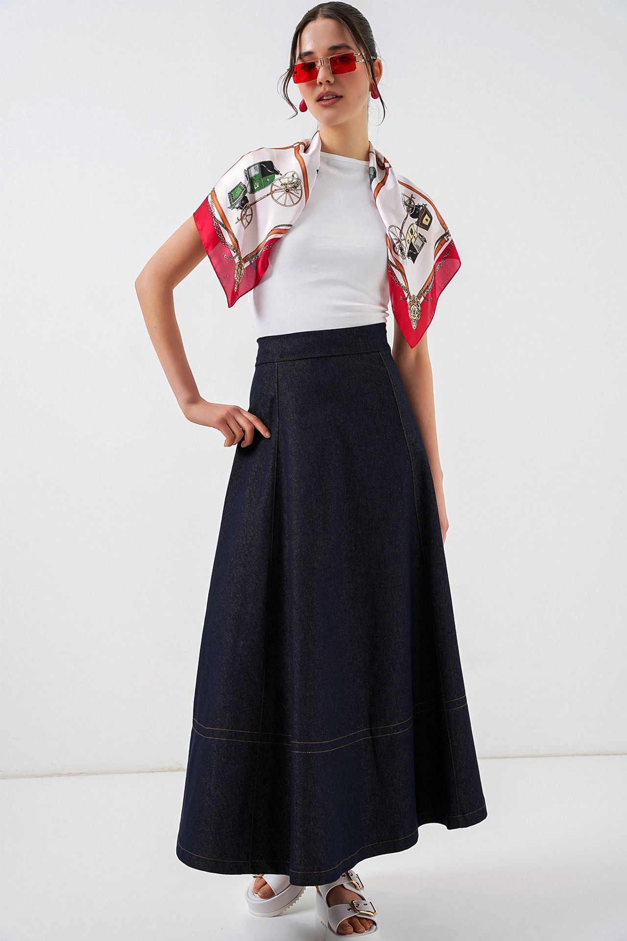BDART High Waist Denim A-Line Maxi Skirt with Pockets