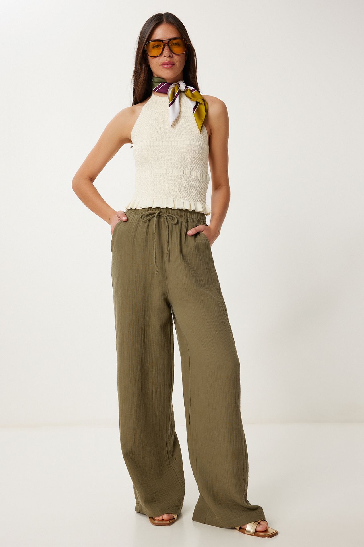 ISTANBUL Wide Leg Drawstring Waist Pants with Binding Detail 2